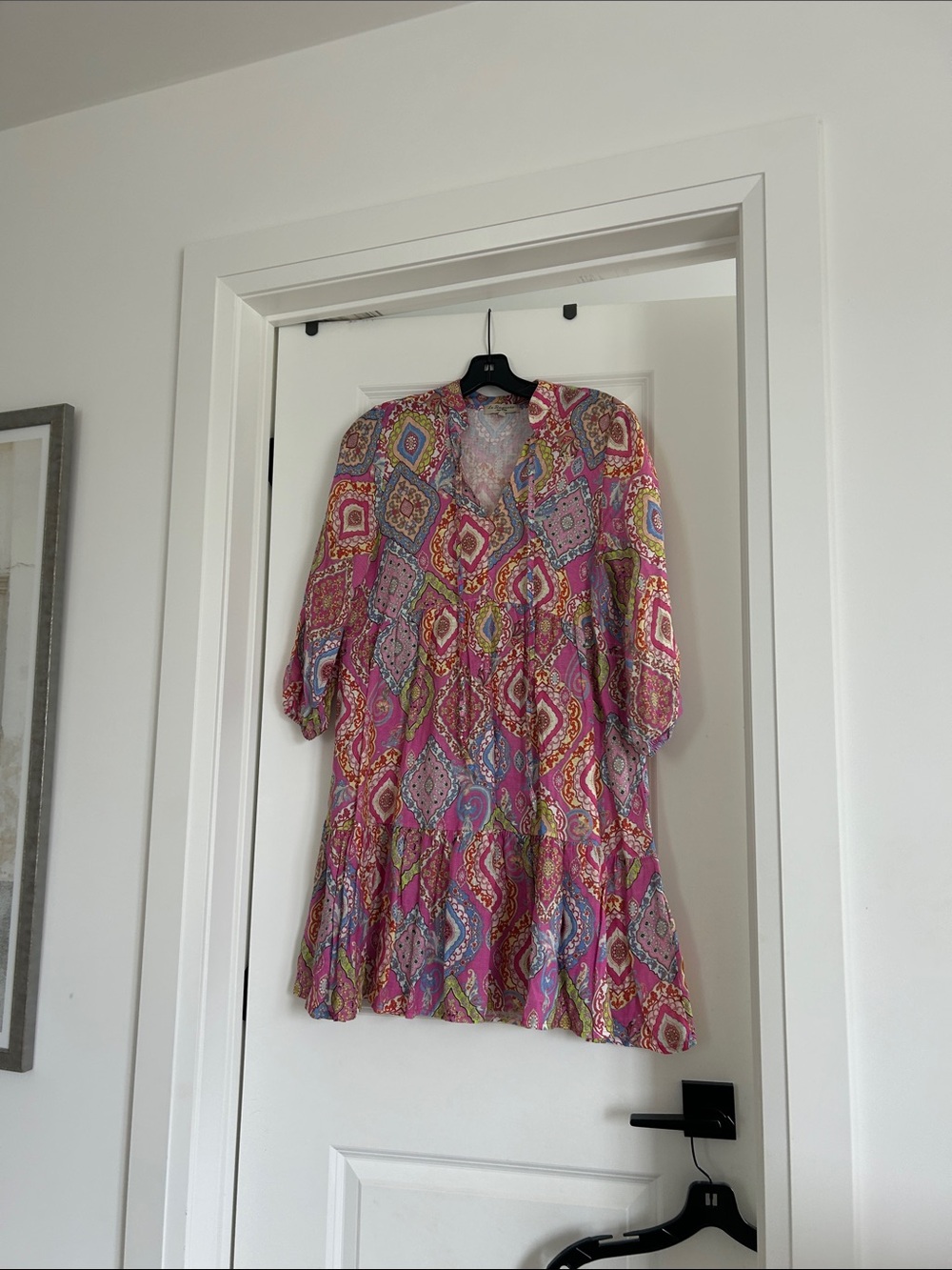 Pink Patterned V-Neck Tiered Mini Dress